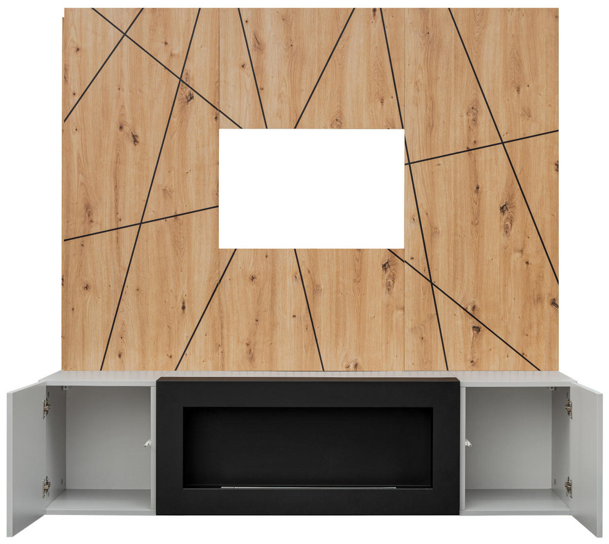 TV-LOWBOARD grau, Eiche Artisan, TV-Unterschrank 160 cm mit Ethanpol Kamin und Akustikpaneel - Hellgrau/Schwarz, Glas/Holzwerkstoff (160/148/35cm) - Inn.Furn
