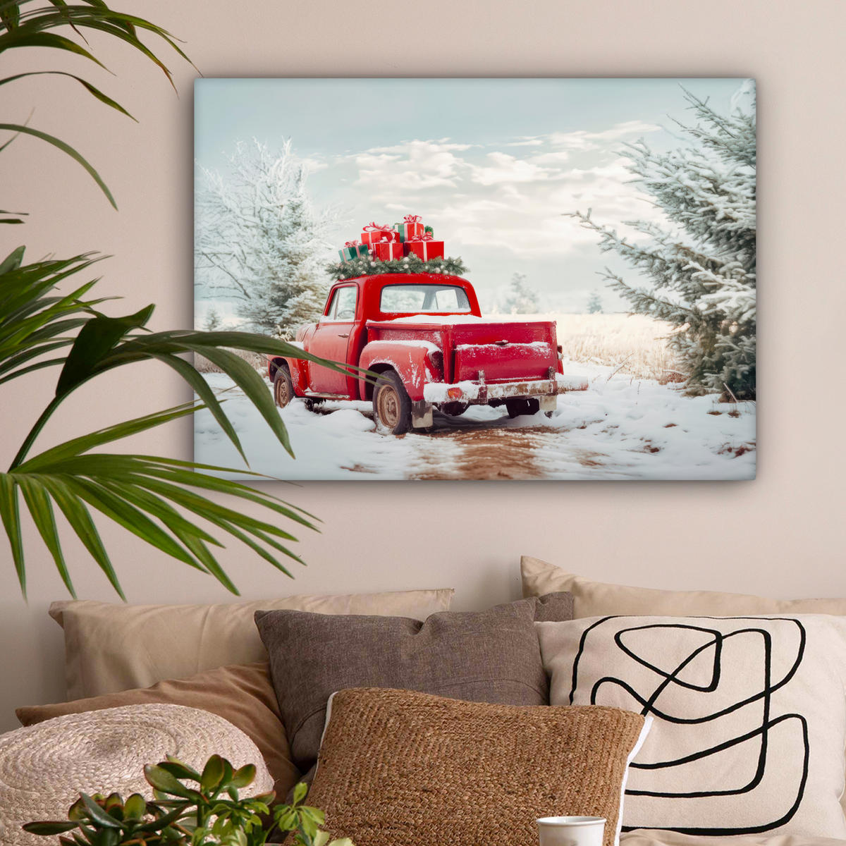 LEINWANDBILD Auto - Rot - Geschenke - Winter - Schnee - Weihnachten Wandbilder 80x60 cm - Rot, Textil (80/60cm) - MuchoWow