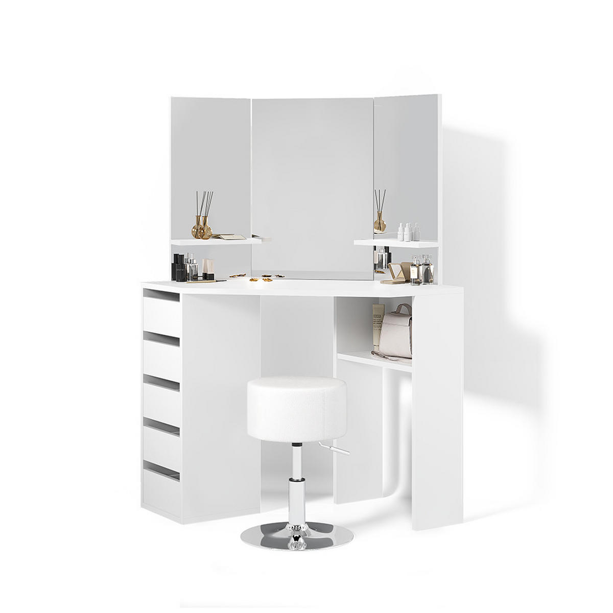 ECKSCHMINKTISCH Enna Weiß 110 cm mit Hocker - Weiß, Holzwerkstoff (110/141.5/54cm) - Livinity®