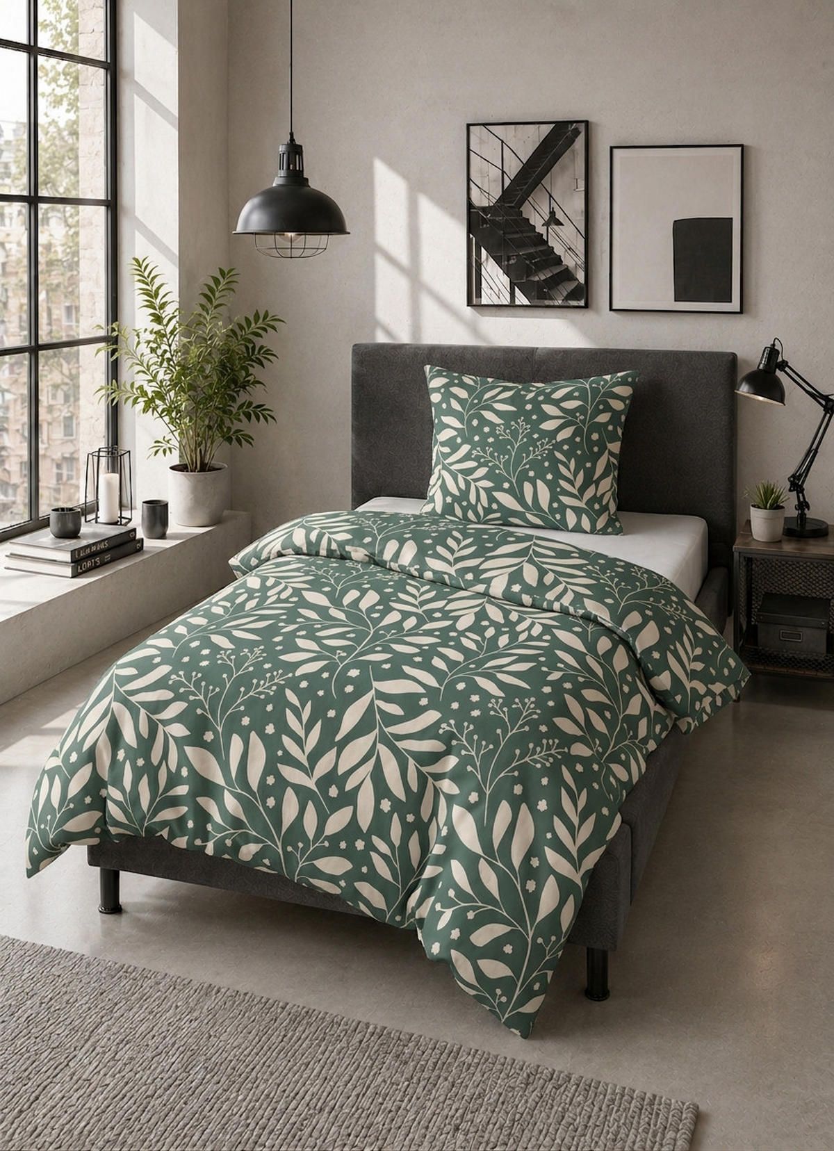BETTWÄSCHE-GARNITUR Jersey Blätter schilf, 135x200 cm + 80x80 cm - Grün, Textil (135/200cm) - Castell