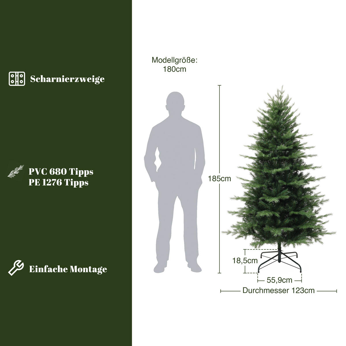 KÜNSTLICHER Weihnachtsbaum 185 cm,1.956 PE-/PVC-Spitzen - Grün, Kunststoff (185cm) - Hometopia