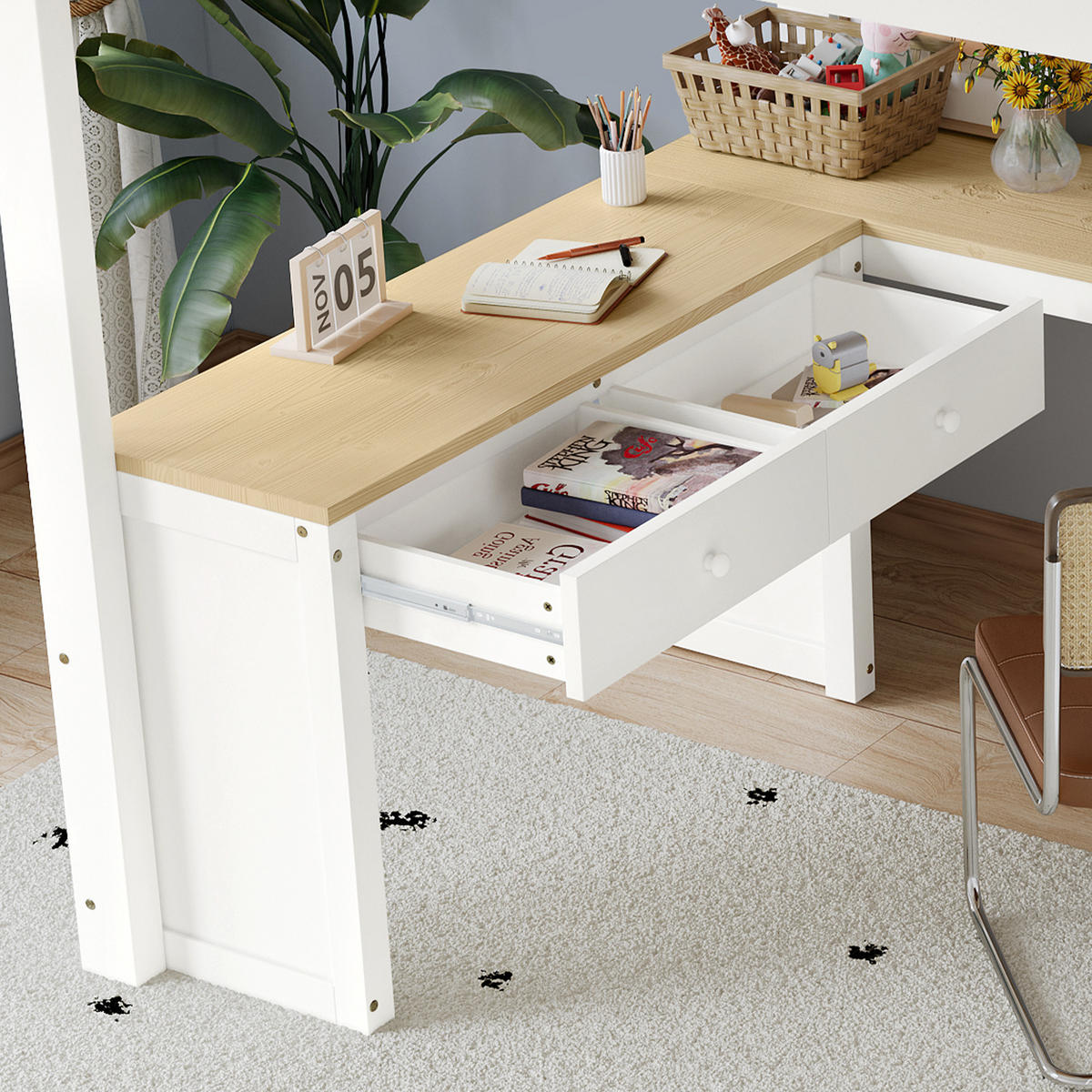 HOCHBETT 140/200 cm Weiß+Natur mit U-förmigem Langtisch und zwei Schubladen aus Kiefer und MDF - Weiß, Holzwerkstoff (140/200cm) - OKWISH