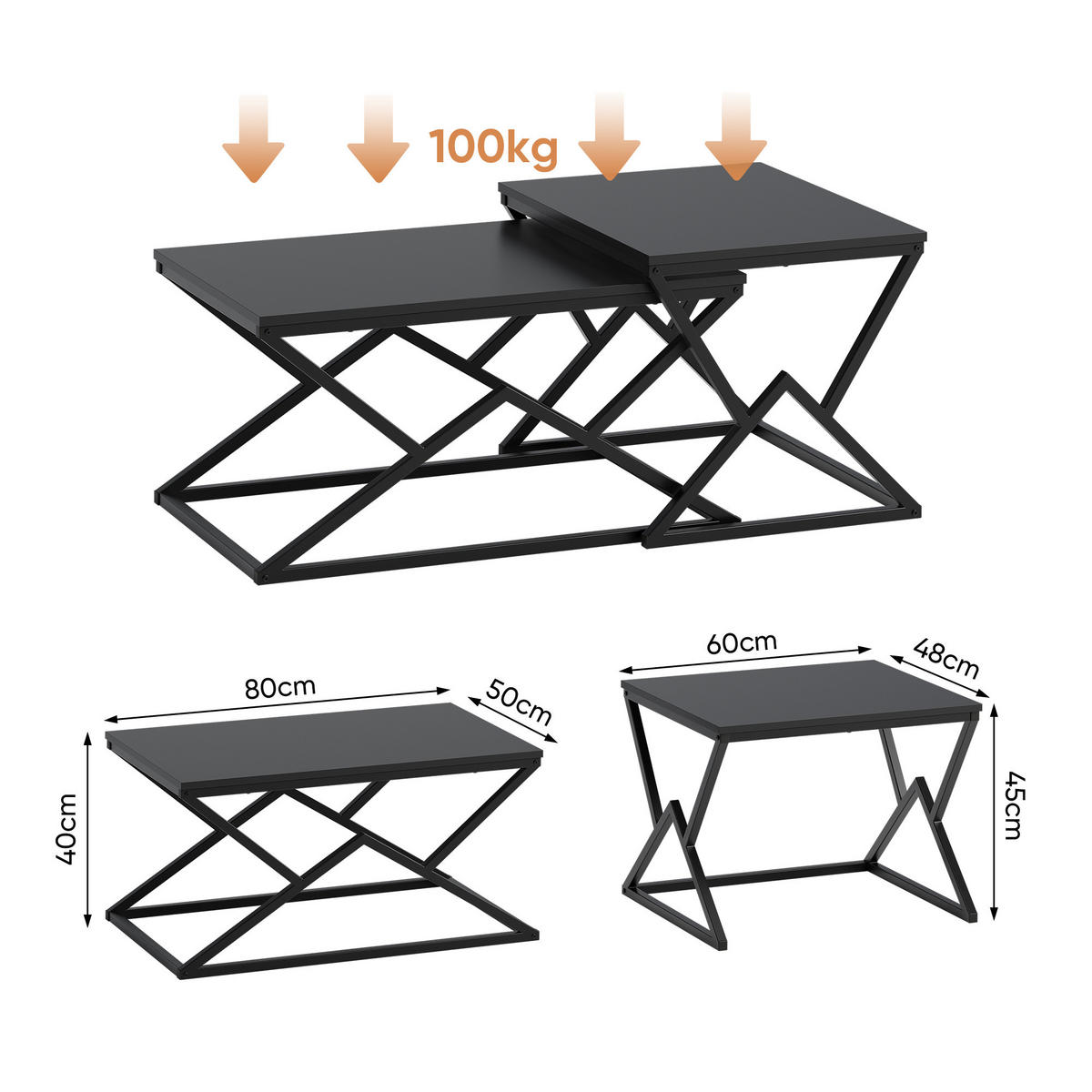 COUCHTISCH mit Holzplatte und Metallgestell, Schwarz - Schwarz, Metall (50/80/40cm)