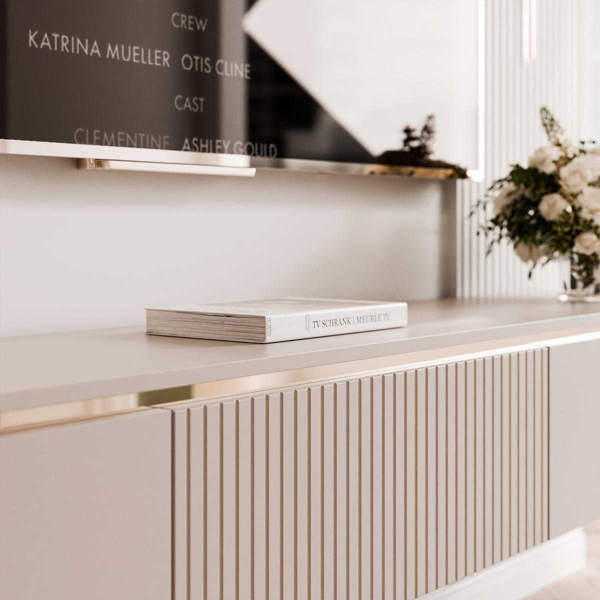 GERIFFELTER TV-Schrank SELIA 200 cm auf Füßen, Kaschmir mit goldener Zierleiste - Kaschmir, Holzwerkstoff (200/42/35cm) - Idohome