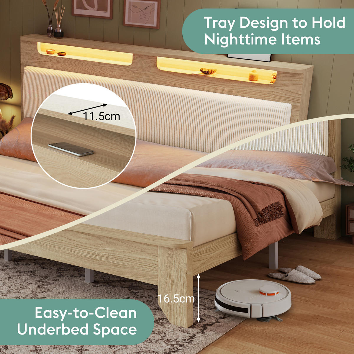 BETT mit Bettbank und LED 140x200 cm Eichefarben/Beige inkl. Matratze - Beige, Holz (140/200cm) - Meubliv