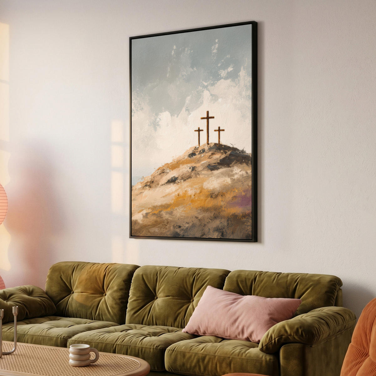 LEINWAND Bilder mit Rahmen - Hügel - Abstrakt - Christentum - Kreuz - 80x120 - Hellgrau, Textil (80/120cm) - MuchoWow