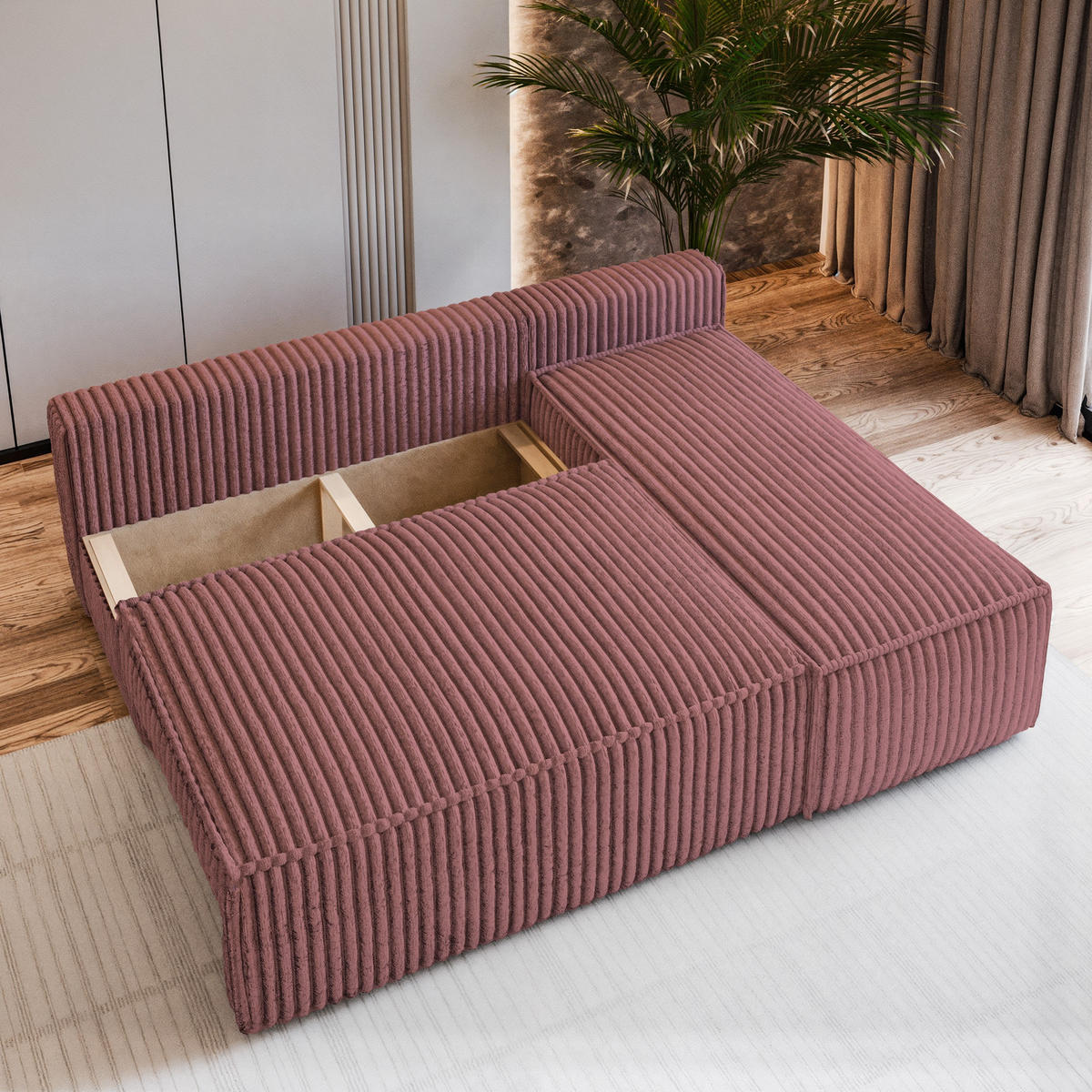 ECKSOFA BRISO T Rosa Kordstoff mit Schlaffunktion - Rosa, Holz (200/140cm) - MASSENO