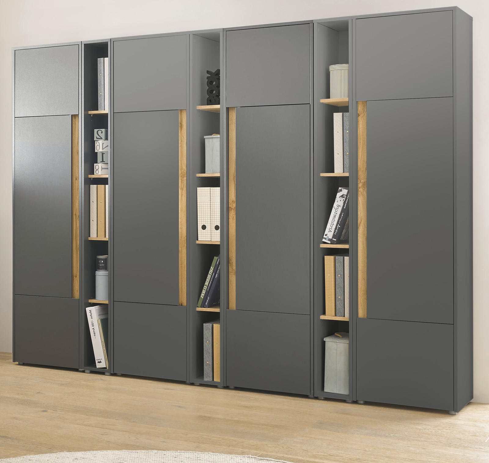 AKTENSCHRANK Set 7-teilig grau matt, Eiche Wotan 260 x 200 cm, Schrank-Regal-Kombination mit 35 Fächern - Eichefarben/Eiche Wotan, Holzwerkstoff/Kunststoff (260/200/40cm) - Furn.Design