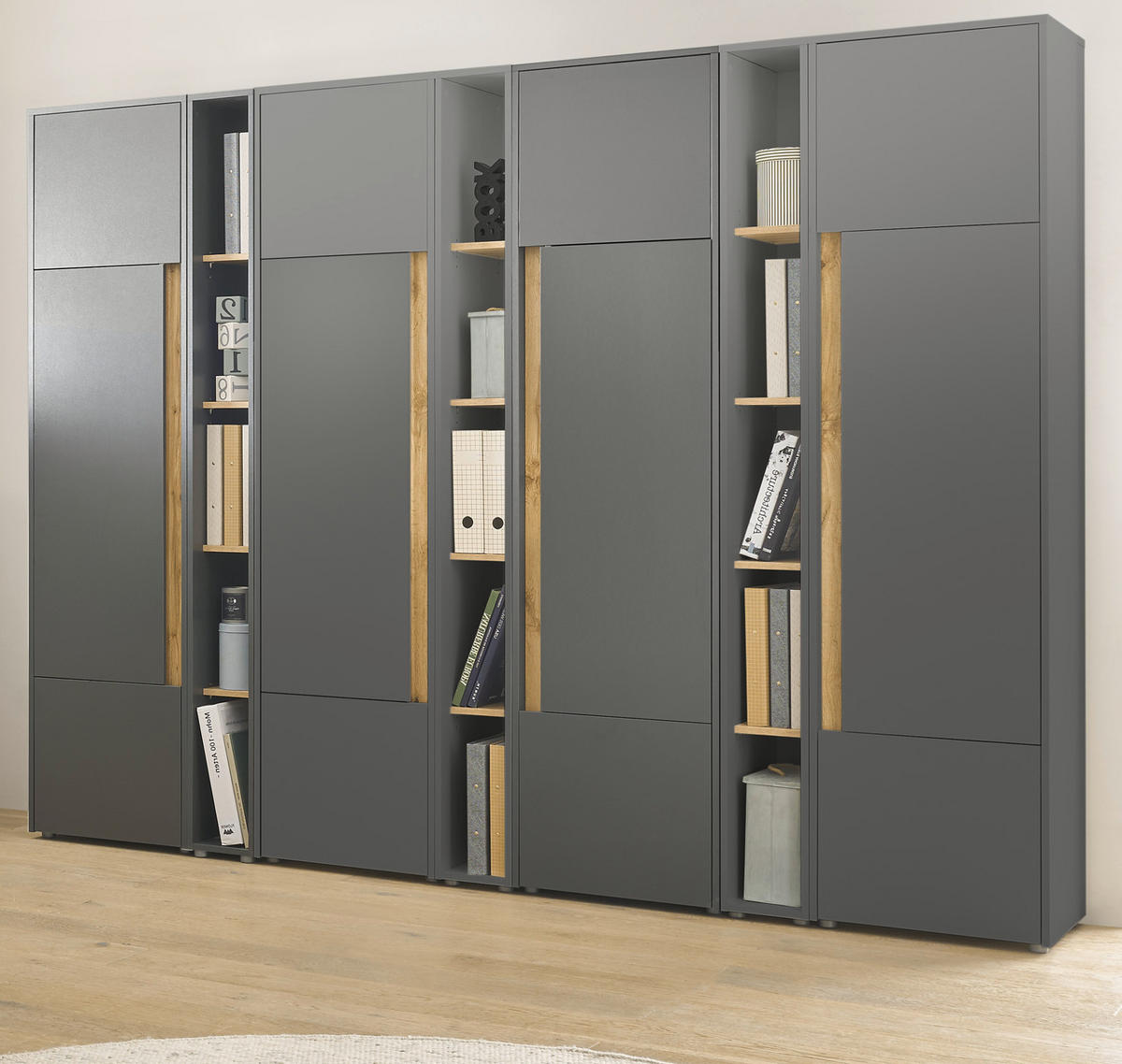 AKTENSCHRANK Set 7-teilig grau matt, Eiche Wotan 260 x 200 cm, Schrank-Regal-Kombination mit 35 Fächern - Eichefarben/Eiche Wotan, Holzwerkstoff/Kunststoff (260/200/40cm) - Furn.Design