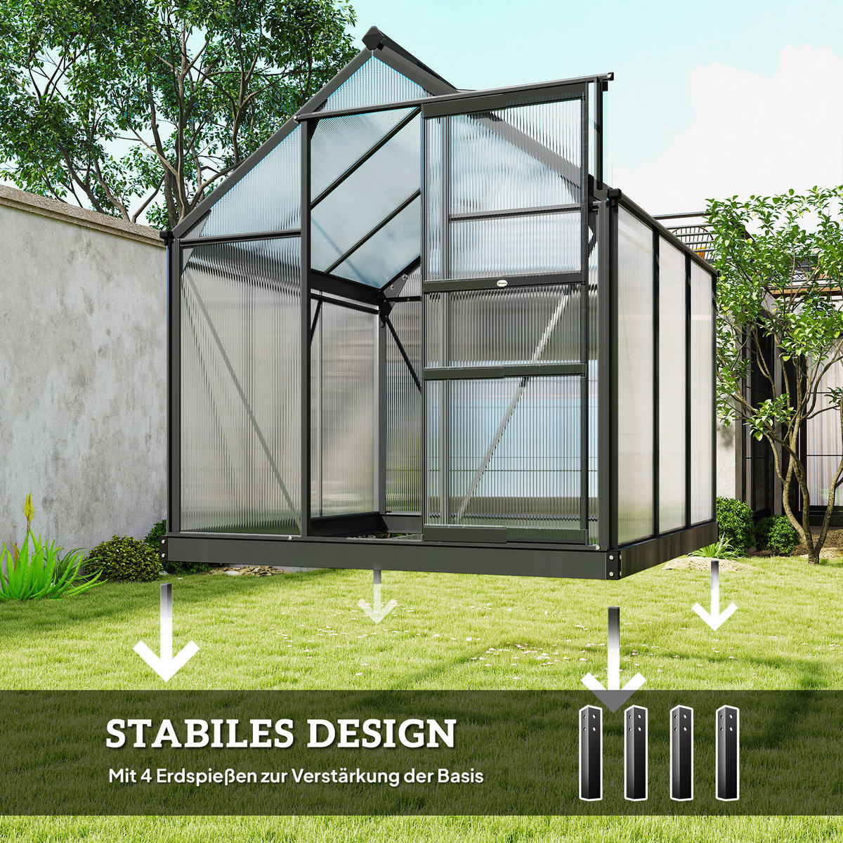 GEWÄCHSHAUS Aluminium 3,65m² 190x192x201cm mit Fundament Dachfenster - Grau, Metall (190/201/192cm) - Outsunny