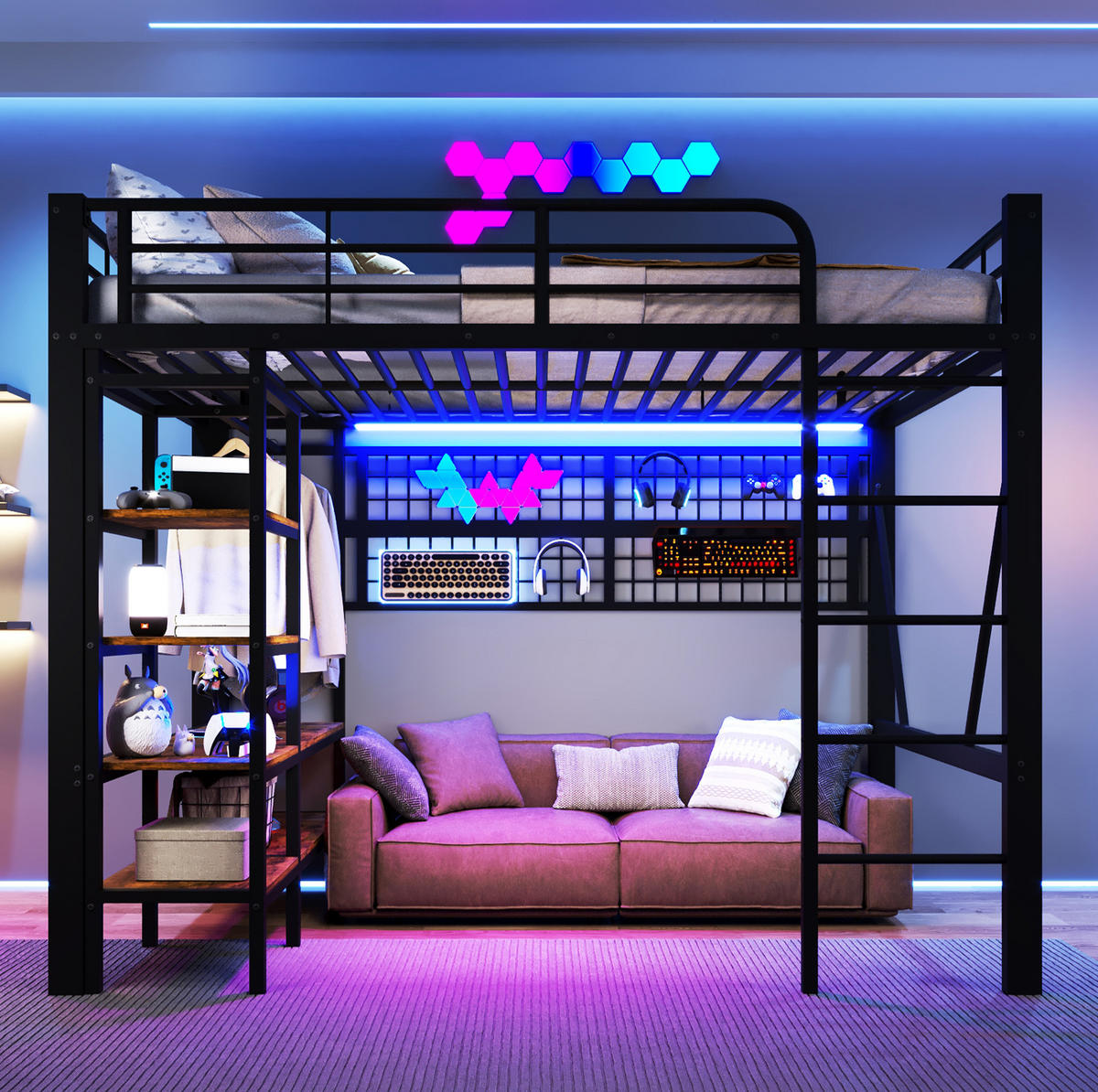HOCHBETT 140/200 cm Schwarz mit LED-Lichtleiste und Ablagefach - Schwarz, Metall (140/200cm) - MIVRAY