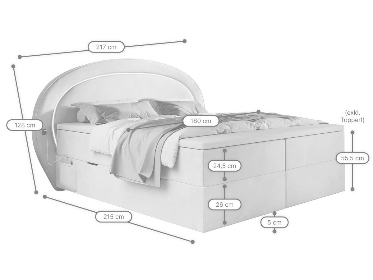 BOXBETT Orion 1 grau 180/200 cm mit LED H3 - Grau, Textil (180/200cm) - wonello