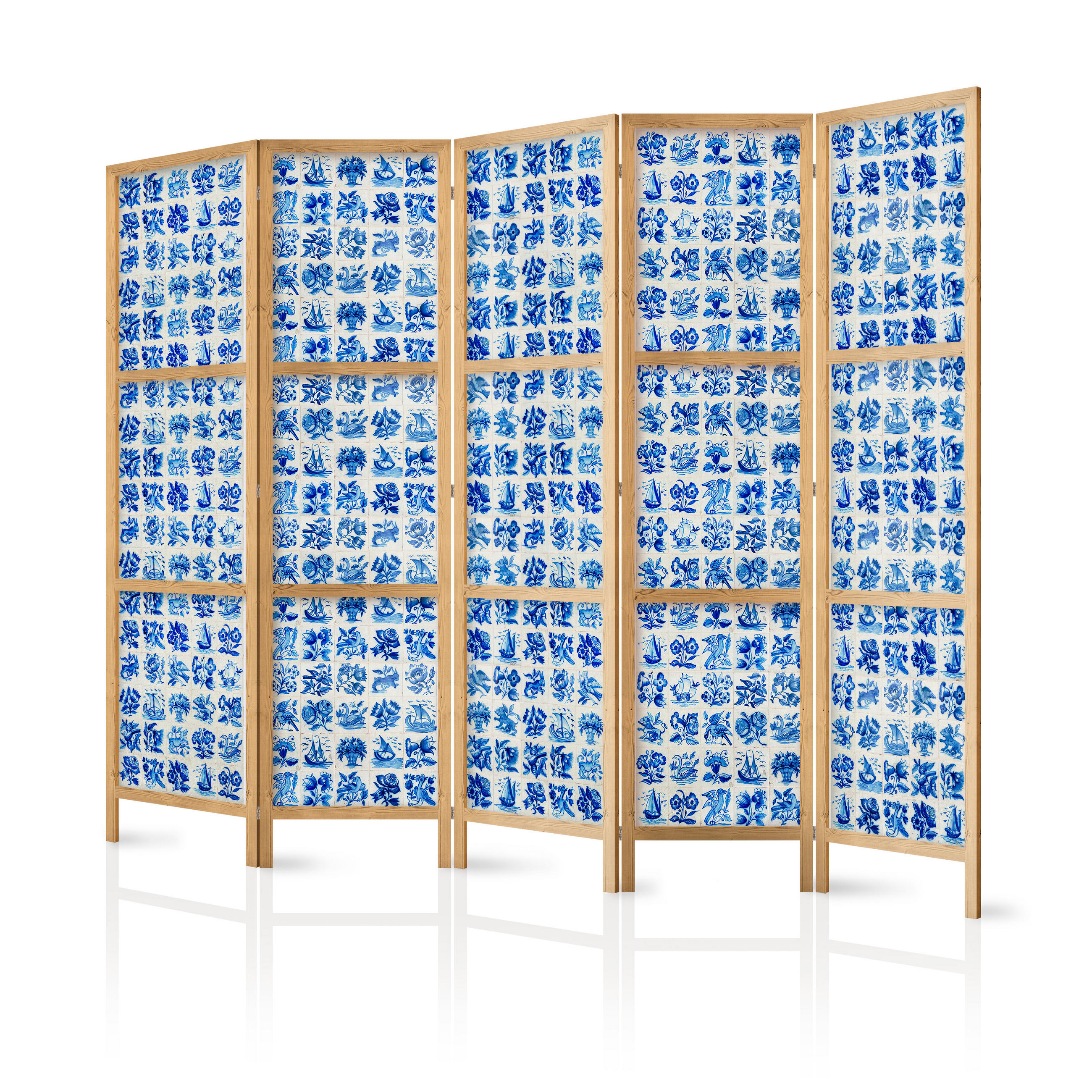 PARAVENT Japanischer 5-tlg 225x172 cm Blaue Fliesen - Blau, Holz/Textil (225/172/3cm) - Muralo