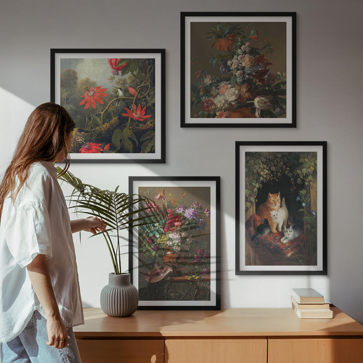 BILDER SET 4er Set - 50x50 cm & 40x60 cm Schwarzer Rahmen - Vintage-Blumen, Katzen, Pflanzen - Schwarz, Kunststoff (50/50cm) - TULUP
