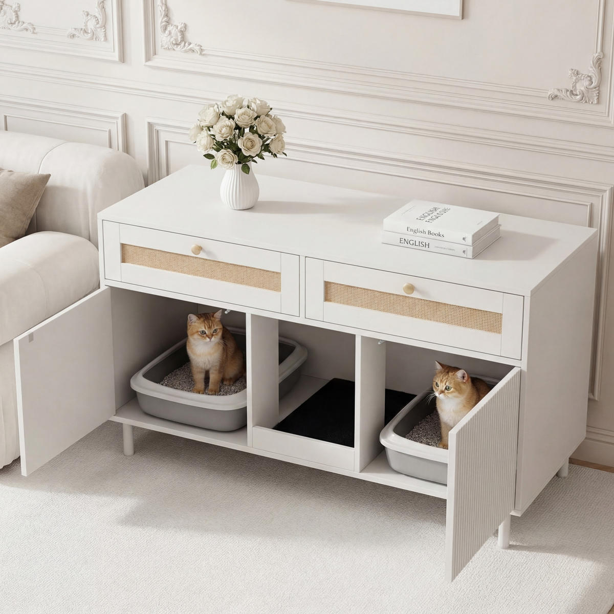 SIDEBOARD Weiß aus MDF 120×50×65cm als Katzentoilettenschrank mit Sandfangmatte und Schublade - Weiß, Holzwerkstoff (50/65/120cm) - Luhomfu