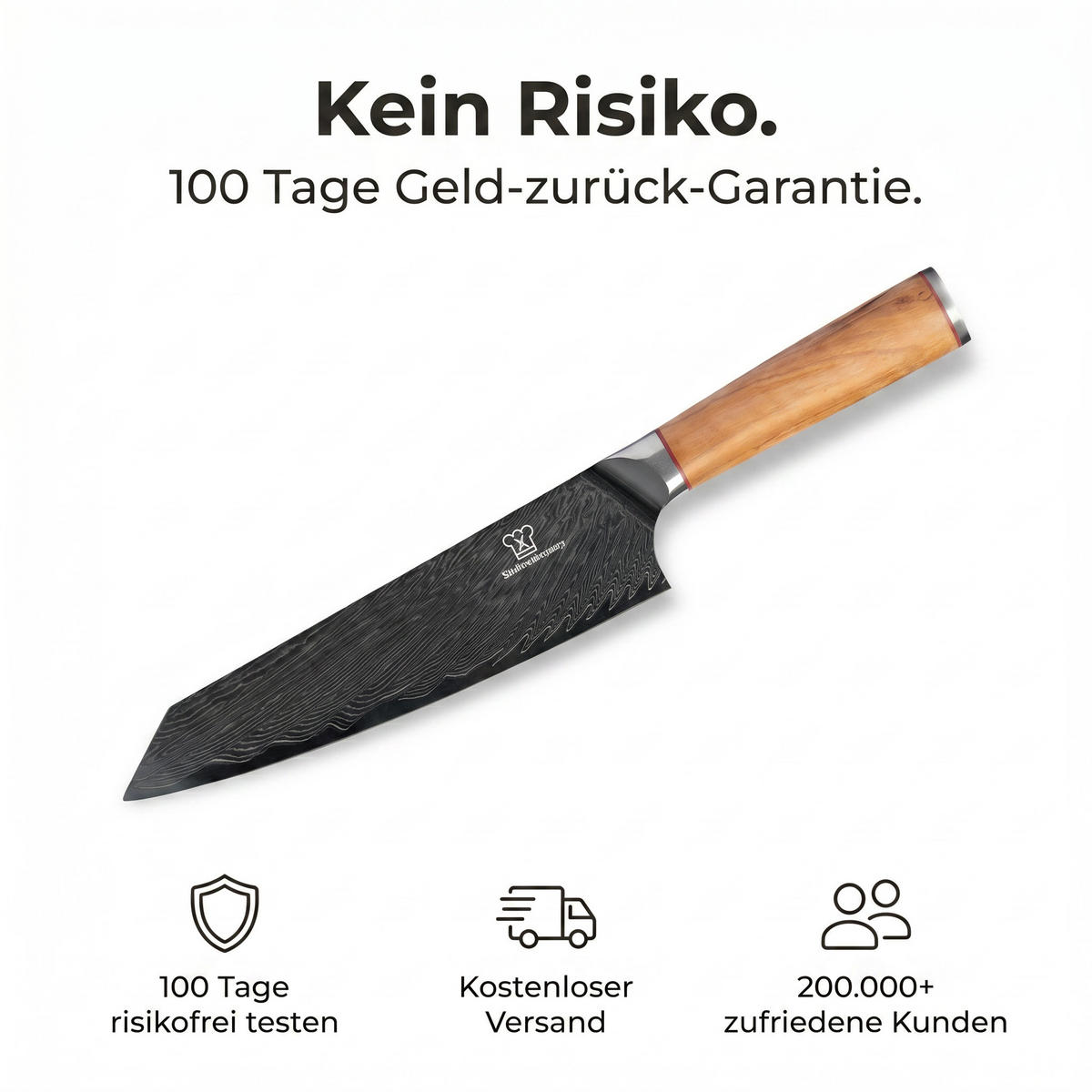 KOCHMESSER mit Klinge aus Damaststahl und ergonomischem Olivenholz-Griff - Hellbraun/Silberfarben, Holz/Metall (33cm) - Küchenkompane