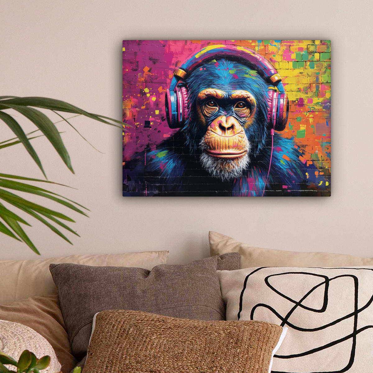 LEINWANDBILD Graffiti - Schimpanse - Straßenkunst - Kopfhörer - Affe 40x30 cm - Blau, Textil (40/30cm) - MuchoWow