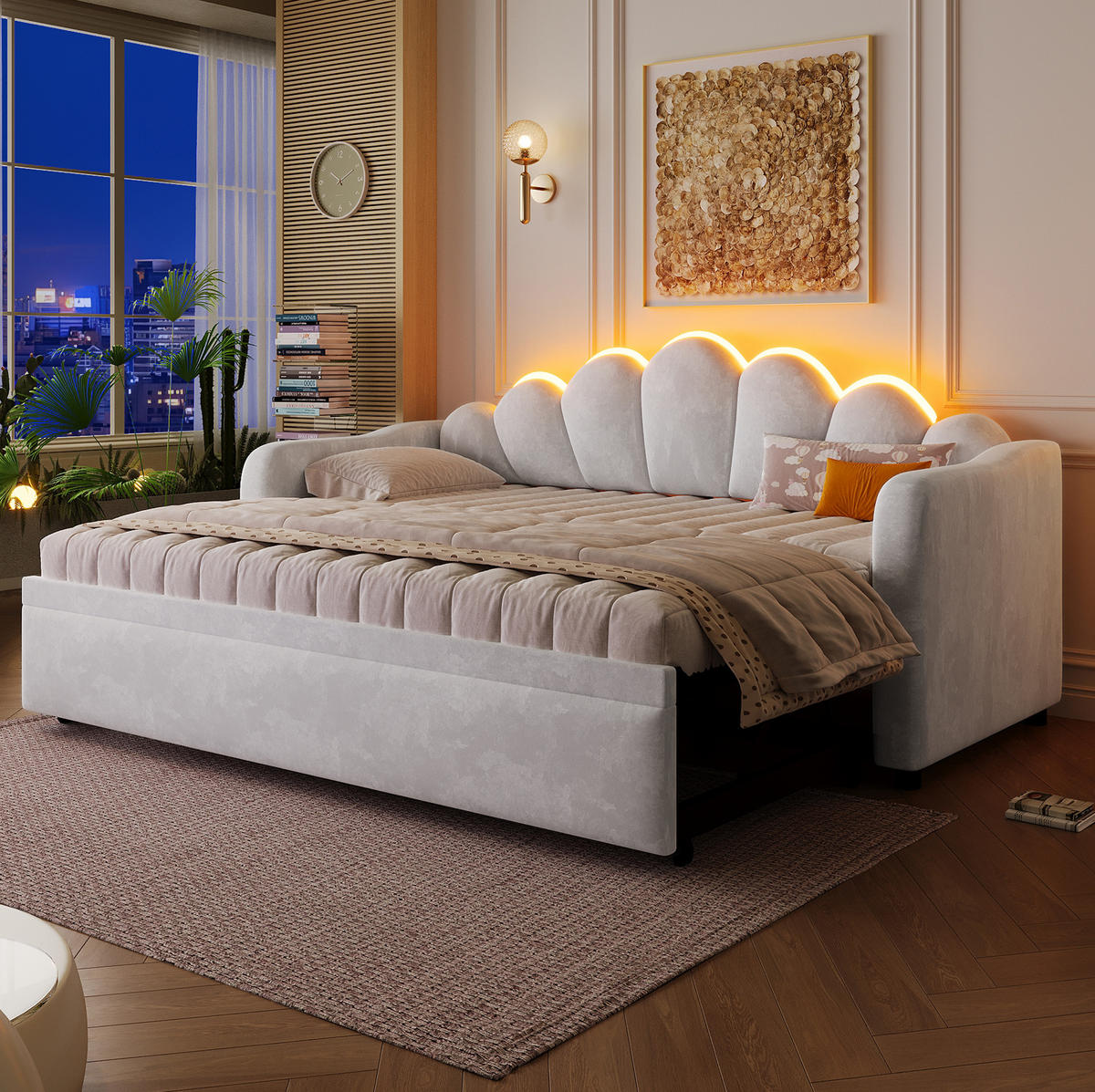 TAGESBETT 90/200 cm mit Ausziehbett, LED-Beleuchtung und Samtbezug, Grau - Grau, Textil (90/200cm) - Redom