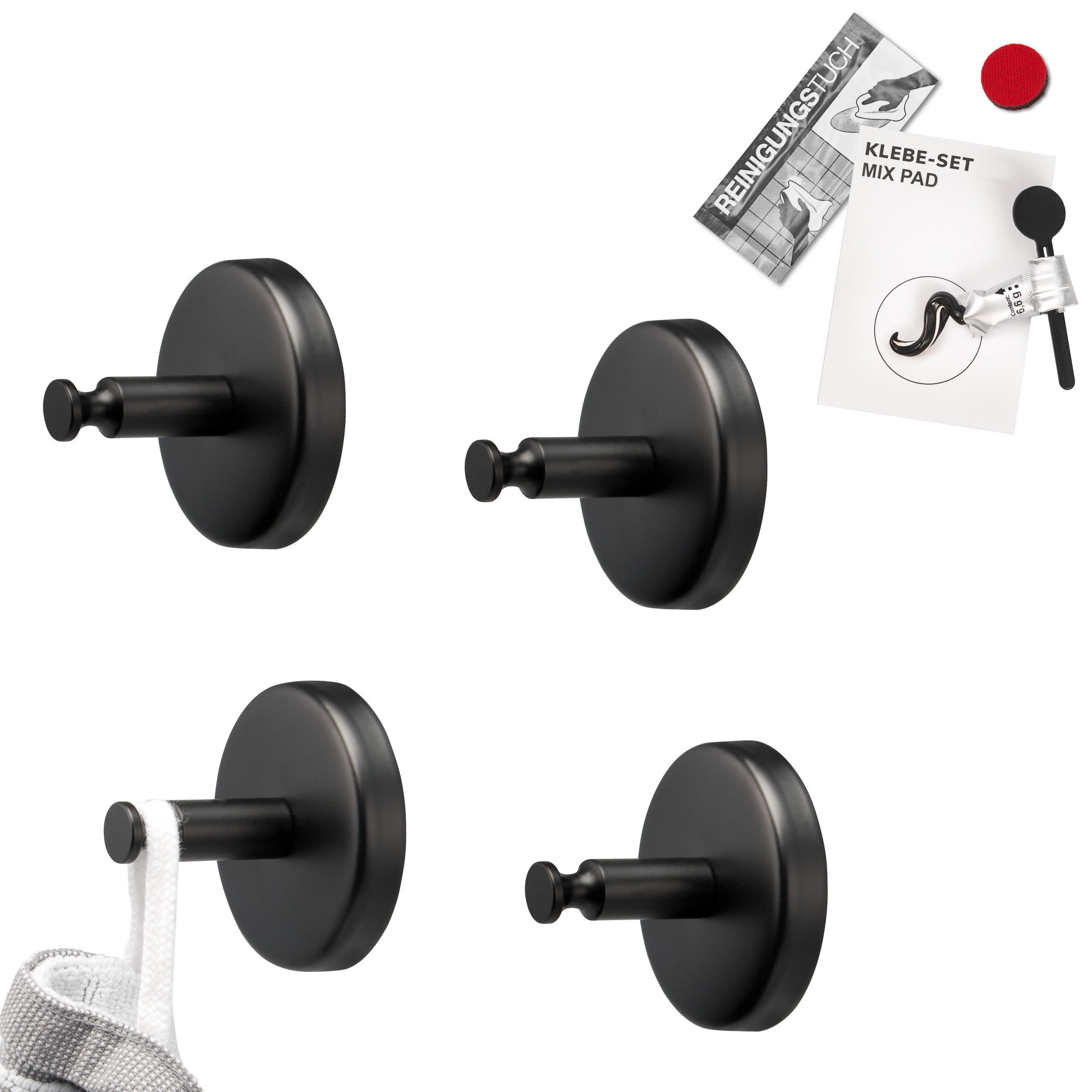 HANDTUCHHAKEN PIAZZA BLACK 4er-Set, schwarz, inkl. Klebeset - Schwarz, Metall (6/6/4.5cm) - bremermann