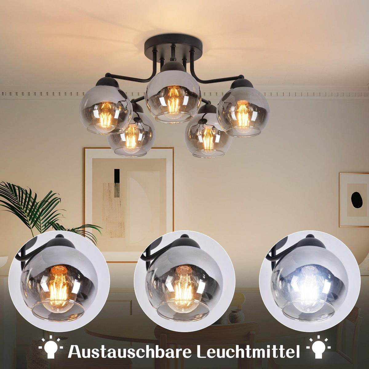 DECKENLEUCHTE Mackay 38/25.6/38cm - Schwarz, Glas (25.6/38/38cm) - Nettlife