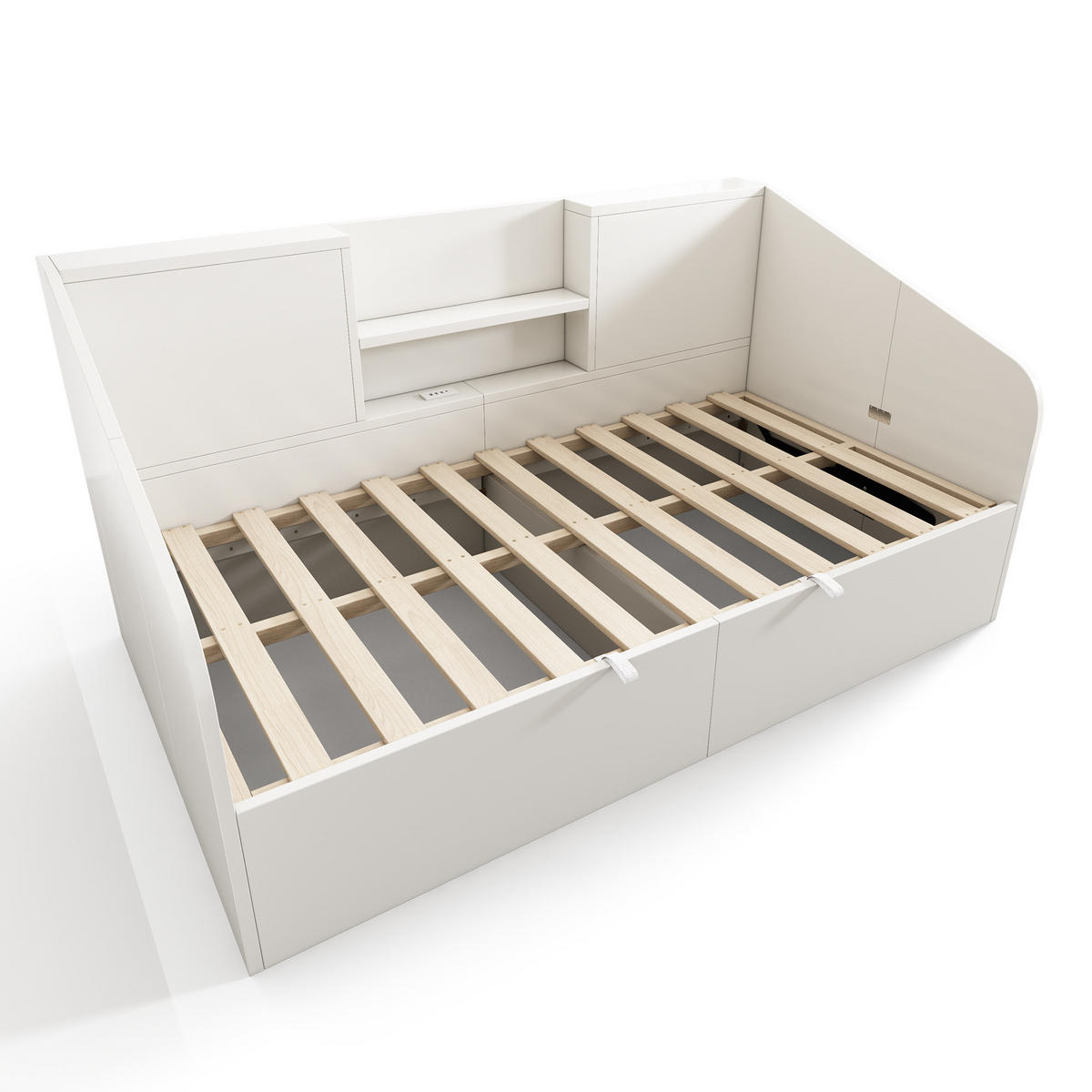 POLSTERBETT 90/200 cm mit USB- und Type-C-Ladestation, hydraulischem Stauraum und Ablagen, Holz, Weiß - Weiß, Textil (90/200cm) - Redom