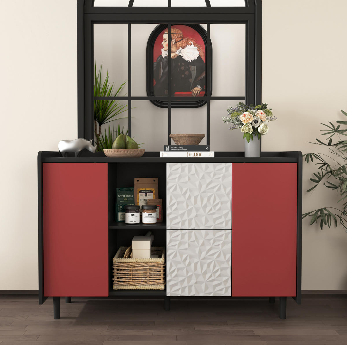 SIDEBOARD aus MDF 40x120x80 cm Schwarz/Rot mit 2 Schubladen, offenem Stauraum und Schrankfach - Schwarz, Holzwerkstoff (120/80/40cm) - Modfu