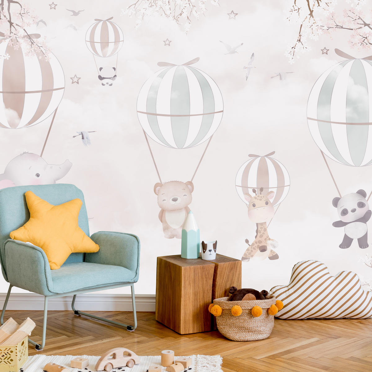 FOTOTAPETE für Kinderzimmer Tiere Himmel Elefant Giraffe Panda Vögel Ballons 500x350 - Multicolor, Papier (500/350cm) - Muralo