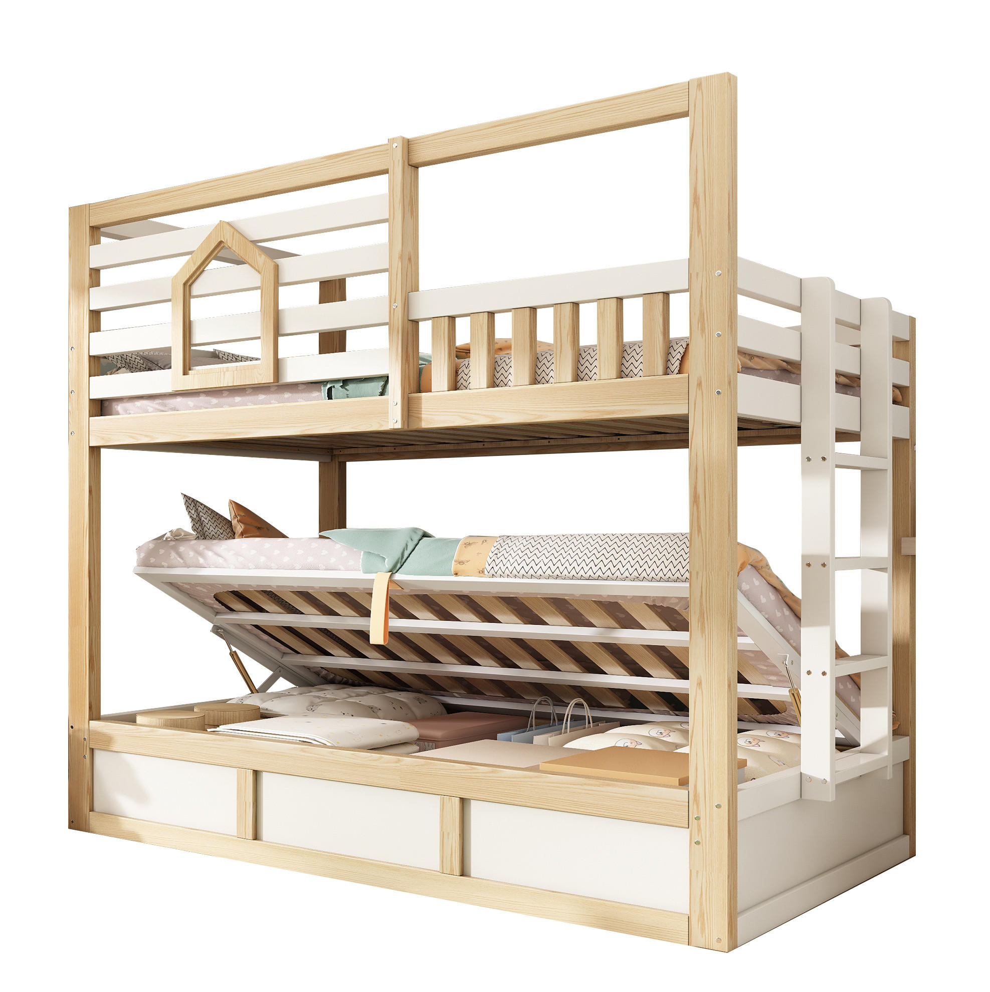 ETAGENBETT Kinderbett 90/200 cm aus Holz mit Hydraulik-Stauraum im Hüttenstil Weiß/Eichefarben - Weiß, Holz (90/200cm) - Modenvie