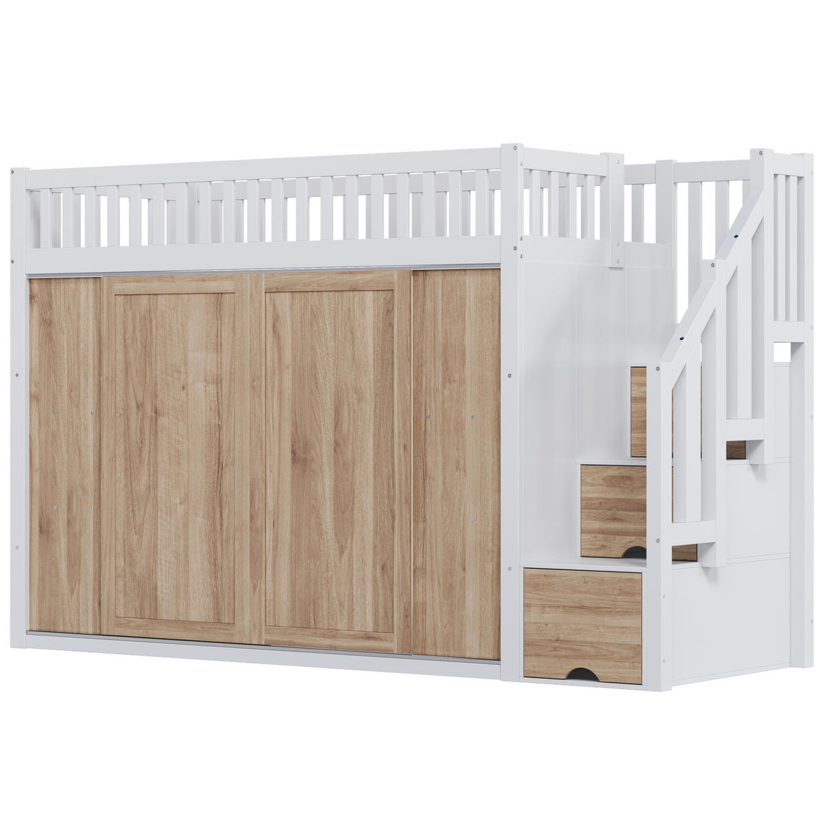 HOCHBETT 90/200 cm weiß/eichefarben aus Massivholz mit Schrank und Treppe - Weiß, Holzwerkstoff (90/200cm) - OKWISH