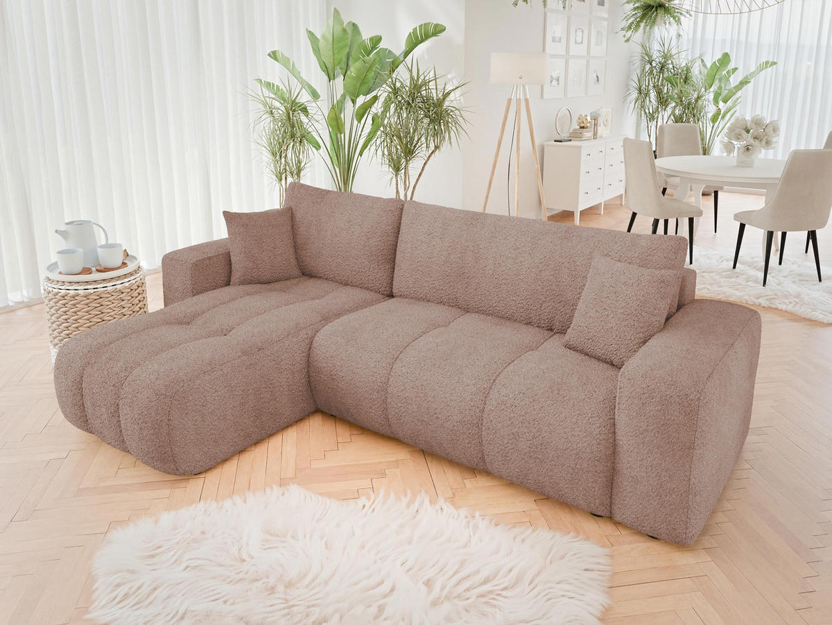 ECKSOFA Furyn Boucle - Hellbraun/Schwarz, Holzwerkstoff/Kunststoff (244/145cm) - MIRJAN24