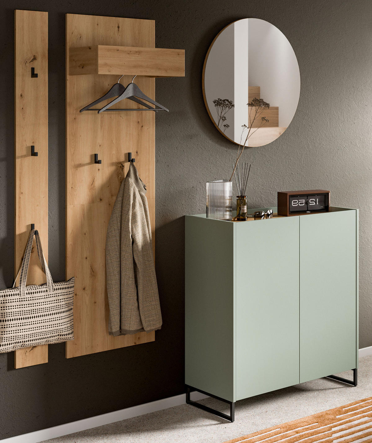 GARDEROBE-SET Salbei und Artisan Eiche, Garderobe 4-teilig, 186 x 197 cm, Soft-Close, Borga - Salbeigrün/Schwarz, Holzwerkstoff/Metall (186/197/38cm) - Inn.Furn