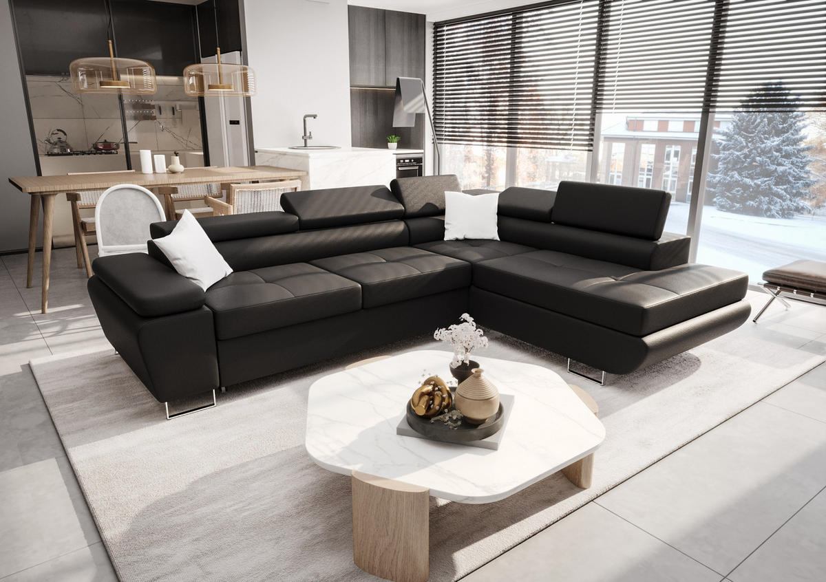 ECKSOFA KONGO RBN04, Eckcouch in L-Form mit Schlaffunktion, Farbe: Schwarz, Kunstleder, Ottomane Rechts - Schwarz, Textil (272/200cm) - O-Sofa