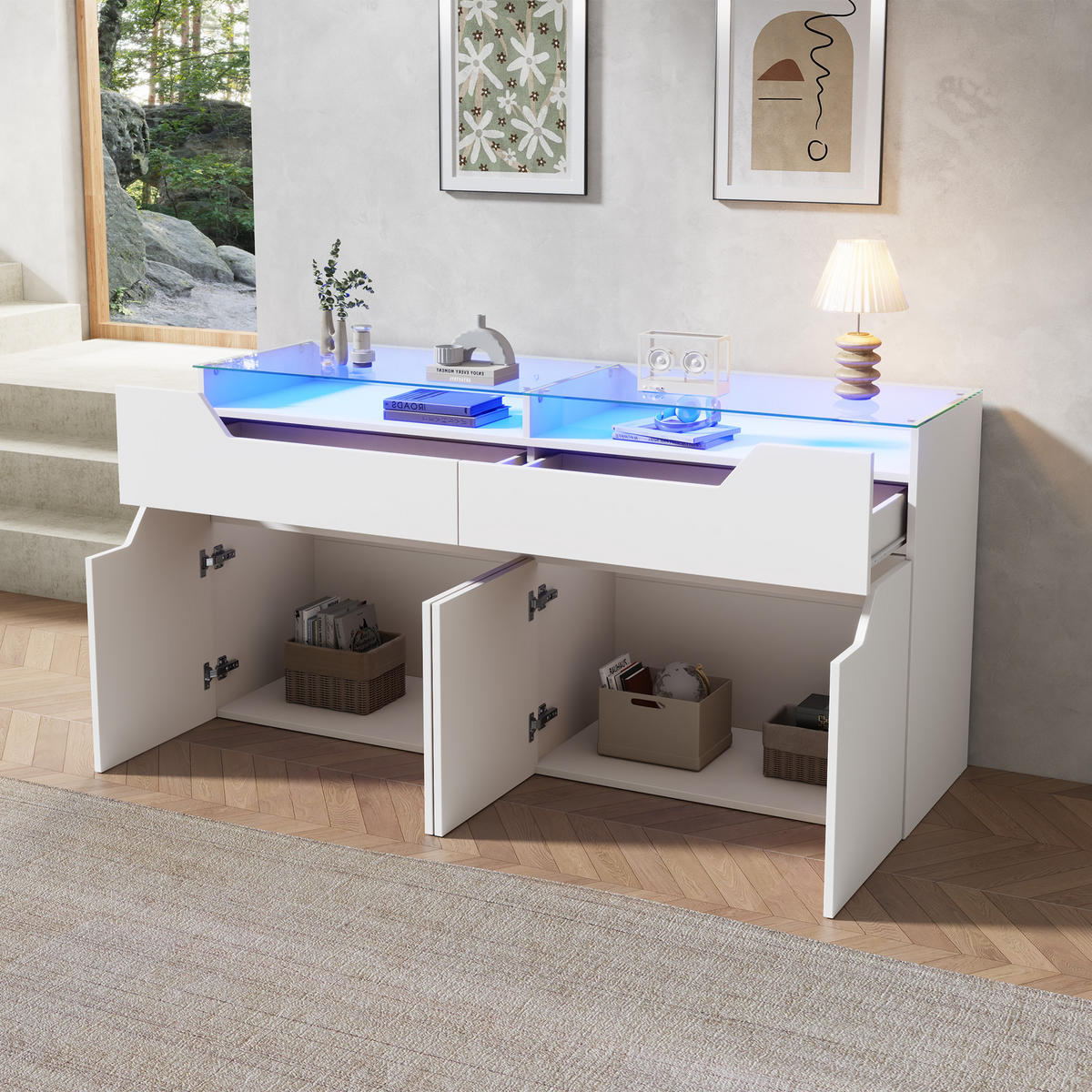 SIDEBOARD in Weiß Aufbewahrungsschrank mit 2 Schubladen und gehärteter Glasplatte, 140/40/70cm,für Esszimmer & Wohnzimmer - Weiß, Glas/Holzwerkstoff (140/70/40cm) - STILVORA