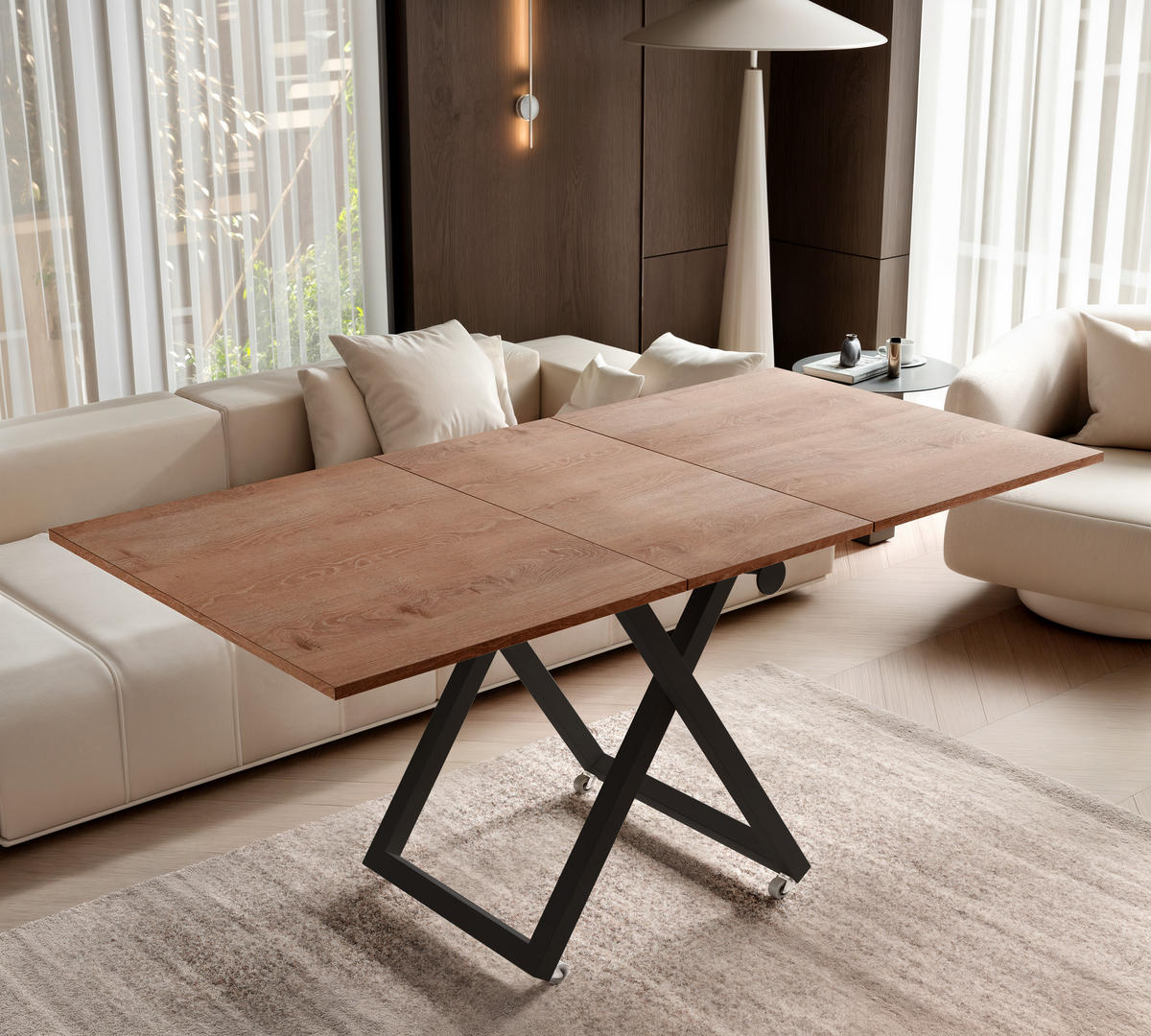 COUCHTISCH ARIA 120-160/80 cm, Höhenverstellbar, Schwarz / Trüffelbraun - Trüffeleichefarben/Schwarz, Holzwerkstoff/Metall (120/80/38cm) - Idohome