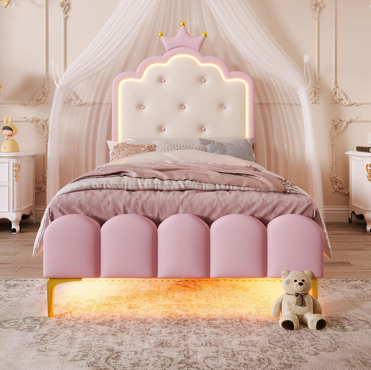 POLSTERBETT mit LED-Licht und Lattenrost 90x200 cm PU Rosa - Pink, Holzwerkstoff (90/200cm) - Beauniv