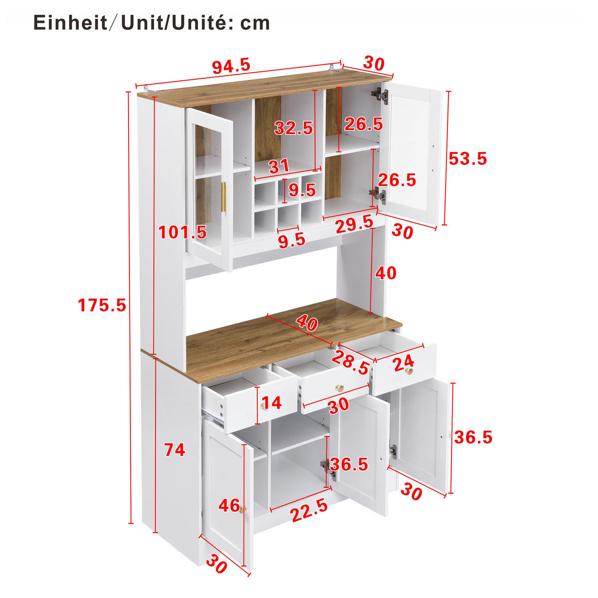 HOCHSCHRANK 94,5/30/175,5 cm aus MDF mit 5 Türen, 3 Schubladen und Vitrineneinsatz, Weiß - Weiß, Holzwerkstoff (94.5/175.5/30cm) - Redom