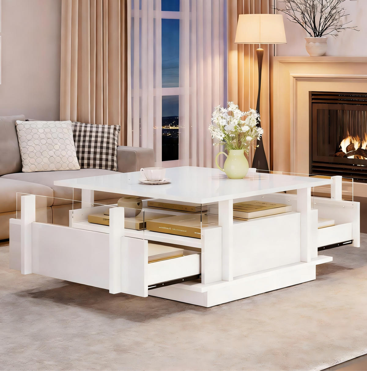 COUCHTISCH 70/70/35 cm mit 2 Schubladen, LED-Beleuchtung und Acrylablagen, Weiß - Weiß, Holzwerkstoff (70/70/35cm) - Redom