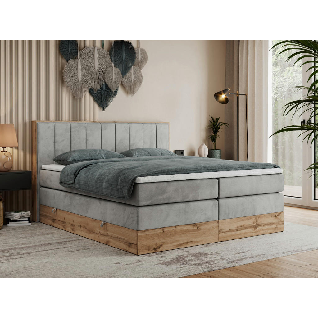 Thumbnail - MKS Boxspringbett, Hellgrau, Textil, 2-Sitzer, H3, Rechteckig, 160x200 cm, Schlafzimmer, Betten, Boxspringbetten