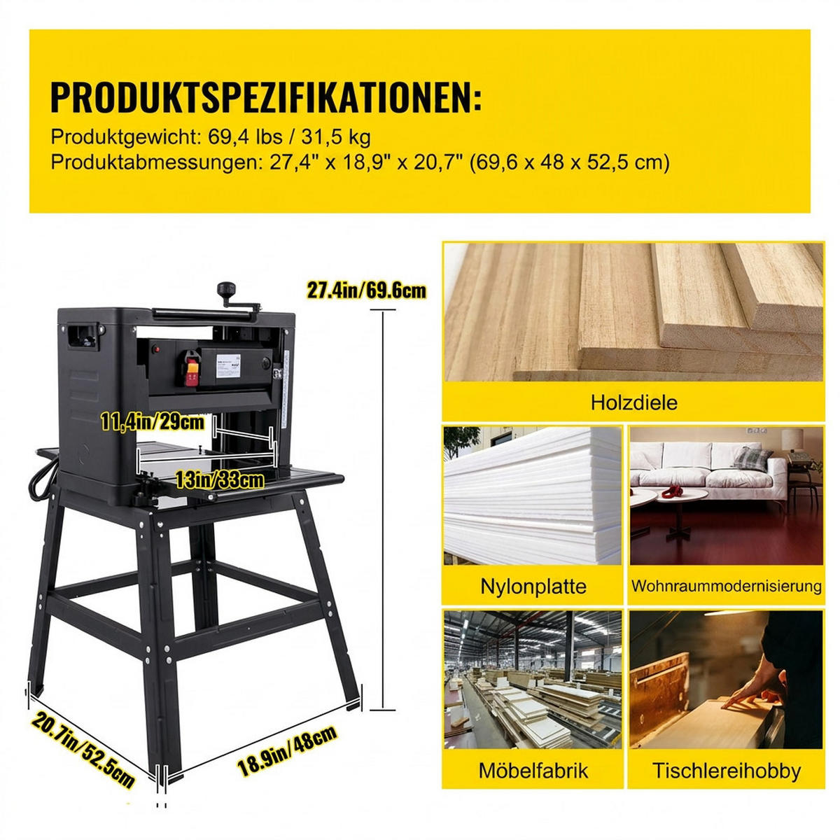 HOBEL Dickenhobel 330mm 2000W-Tischhobelmaschine mit klappbarem Eisen-Untergestell - Schwarz, Metall (20/30/10cm) - Raelunyi