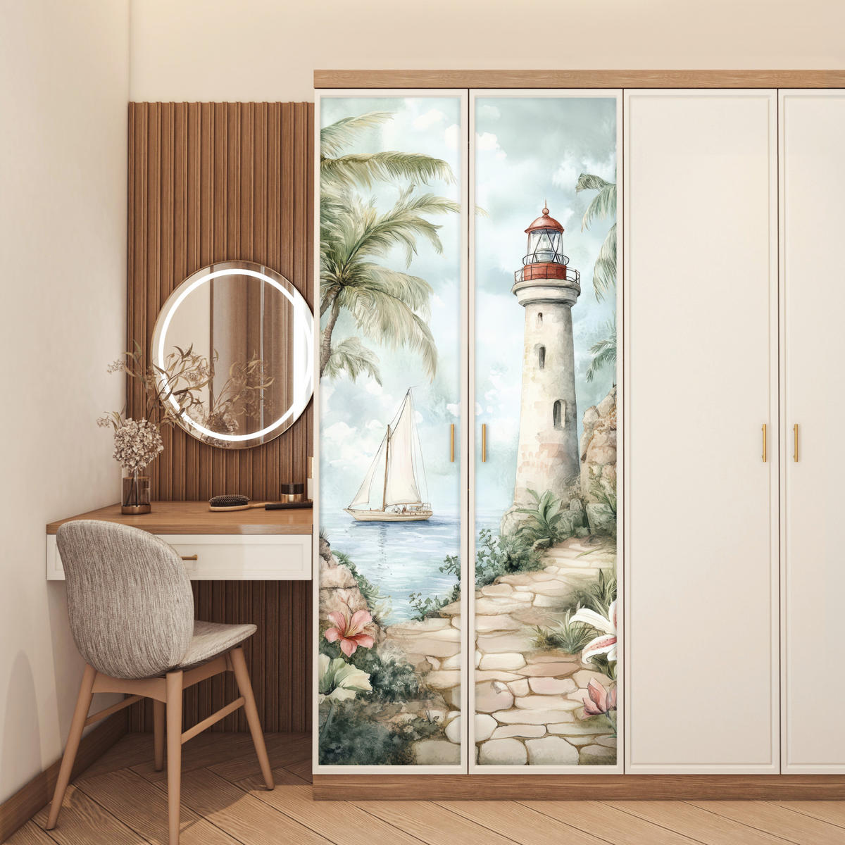 FOTOTAPETE Tür - Leuchtturm - Natur - Landschaft - Boot 75x205 cm - Eichefarben, Kunststoff (75/0.1cm) - MuchoWow