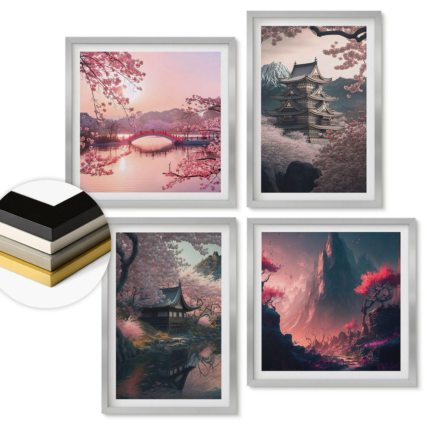 WANDBILDER 4er Set - 50x50 cm & 40x60 cm Silberner Rahmen - Fantasielandschaften Japans - Silberfarben, Kunststoff (50/50cm) - ArtPrintCave