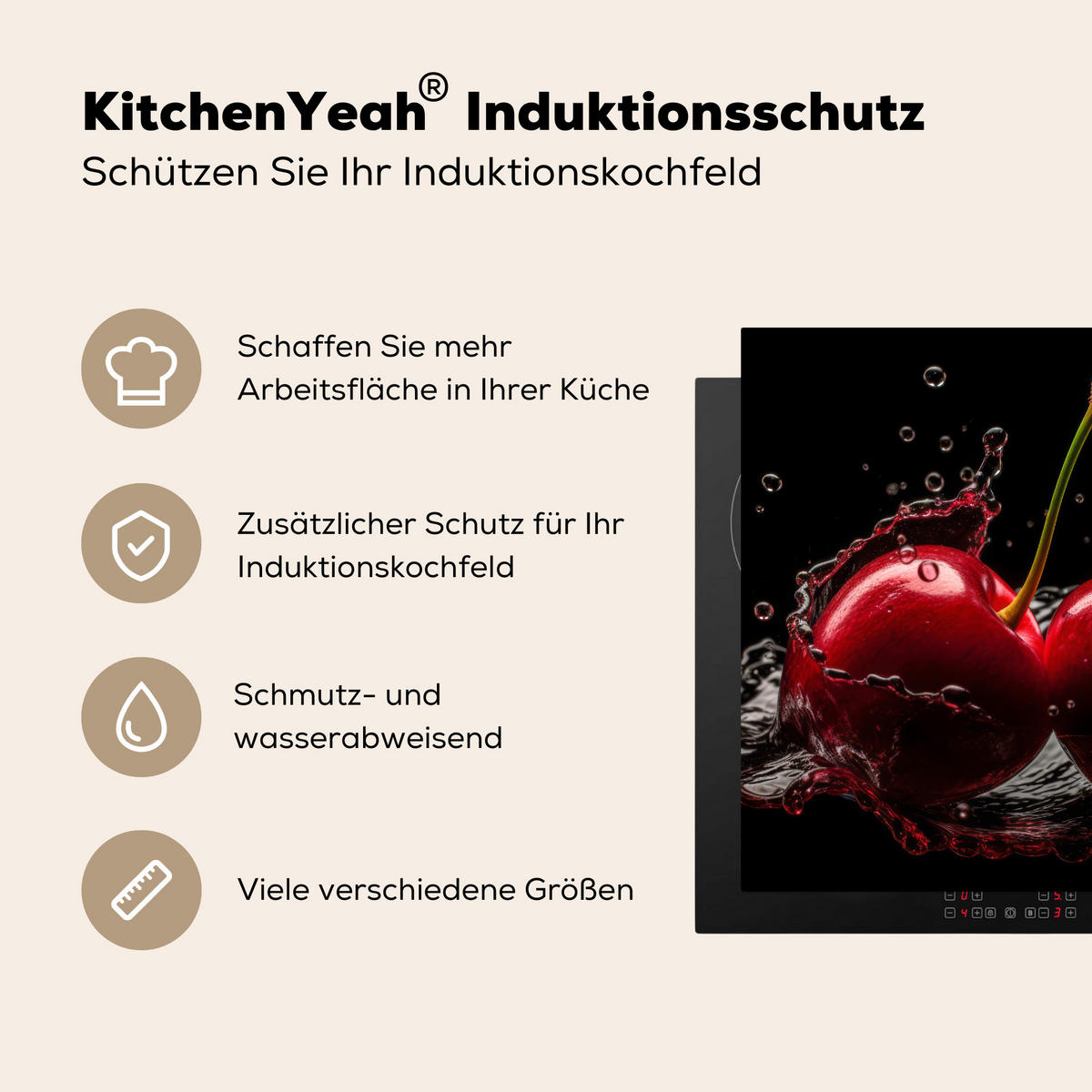 HERDABDECKPLATTE Kirsche - Rot - Frucht - Wasser - Schwarz 78x78 cm - Kirschrot, Kunststoff (78/0.2/78cm) - MuchoWow