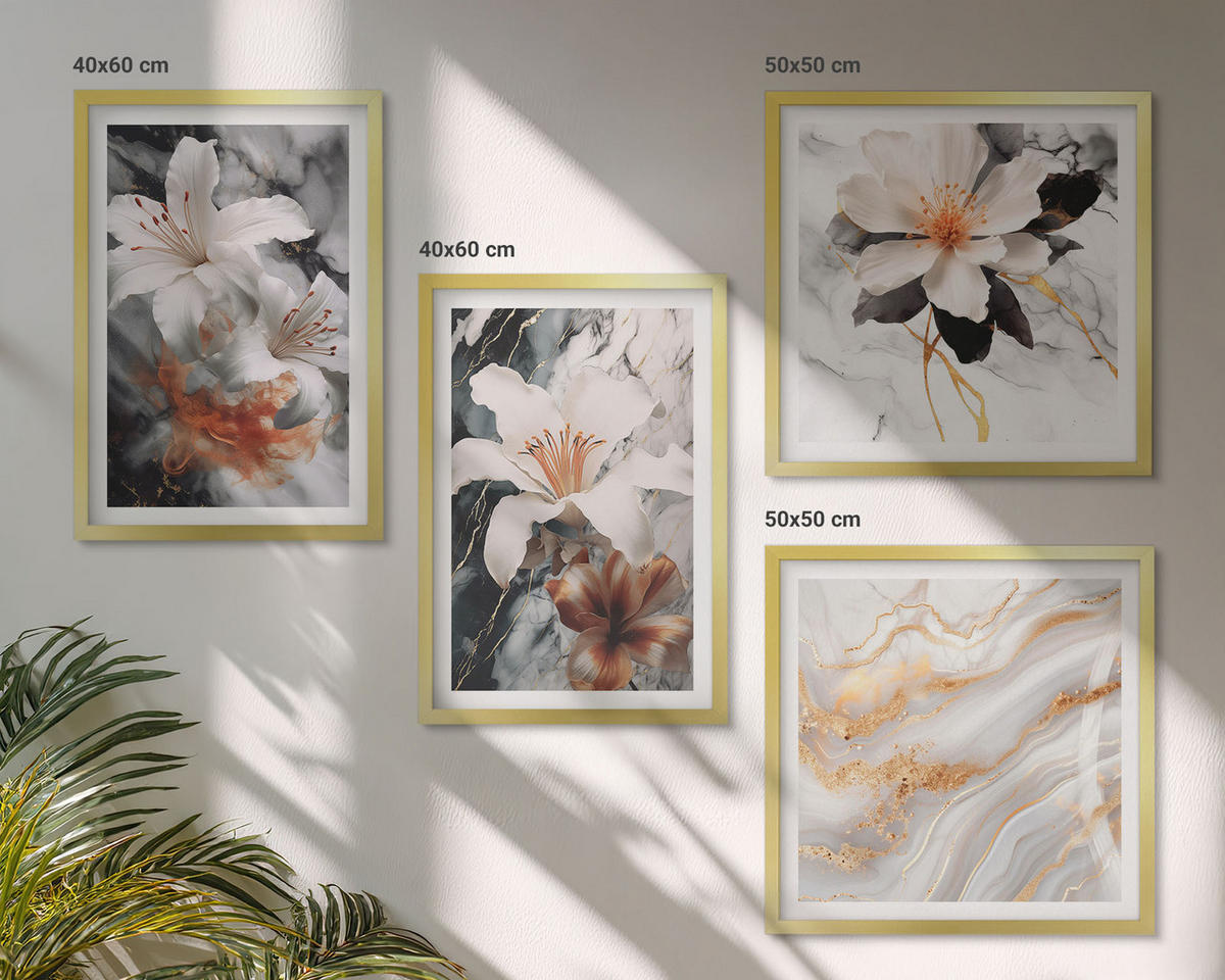 WANDBILDER 4er Set - 50x50 cm & 40x60 cm Goldrahmen - Blumen Marmor weiß schwarz - Goldfarben, Kunststoff (50/50cm) - ArtPrintCave