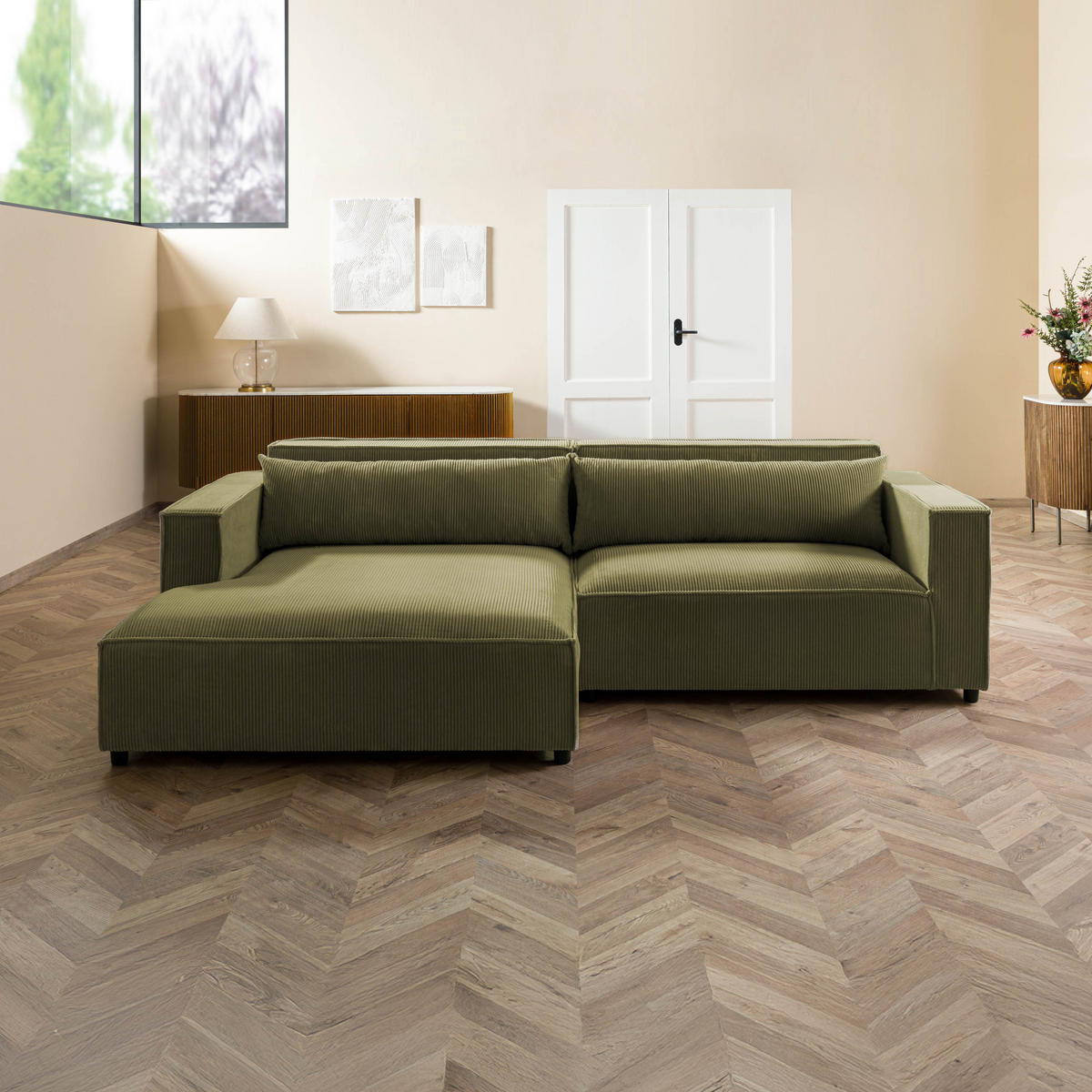 ECKSOFA Ottomane links Cord Velours 266x150x80 grün FINN - Grün, Kunststoff (150/266cm) - Massivmoebel24