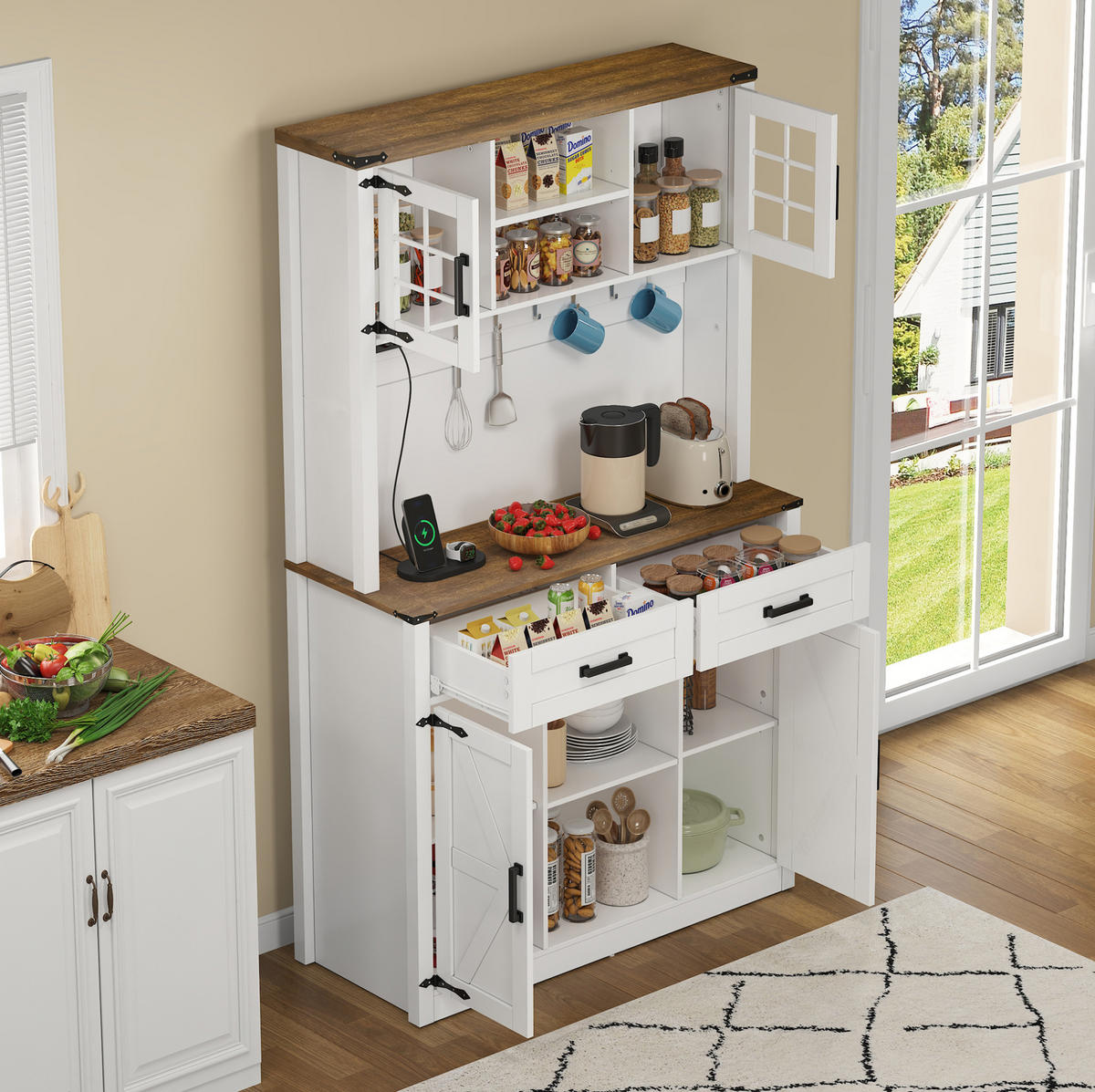 BUFFET aus MDF 100x40x172 cm Braun-Weiß mit LED-Beleuchtung, Steckdosen, USB-C und verstellbaren Einlegeböden im Scheunentor-Design - Braun, Holzwerkstoff (100/172/40cm) - Modfu