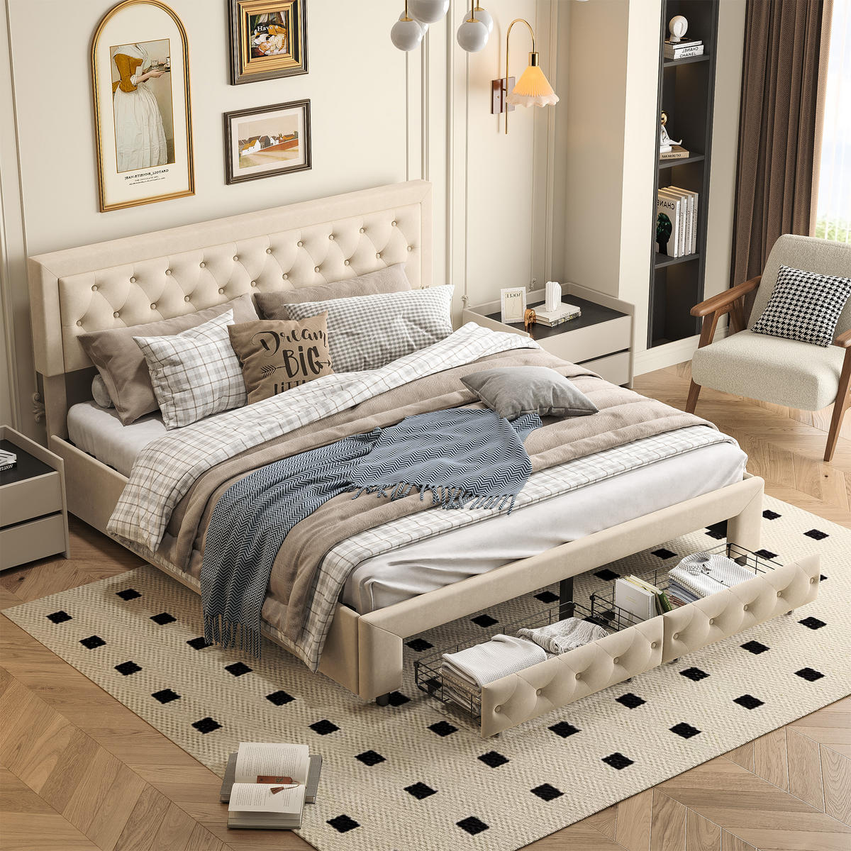 POLSTERBETT 180x200 cm, Beige, Lattenrost und Schubladen - Beige, Textil/Metall (180/200cm)