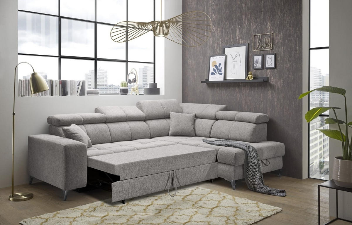 ECKSOFA mit Schlaffunktion und Bettkasten, Luxus-Mikrofaser - Taupe/Schwarz, Textil/Metall (198/282cm) - ed exciting design