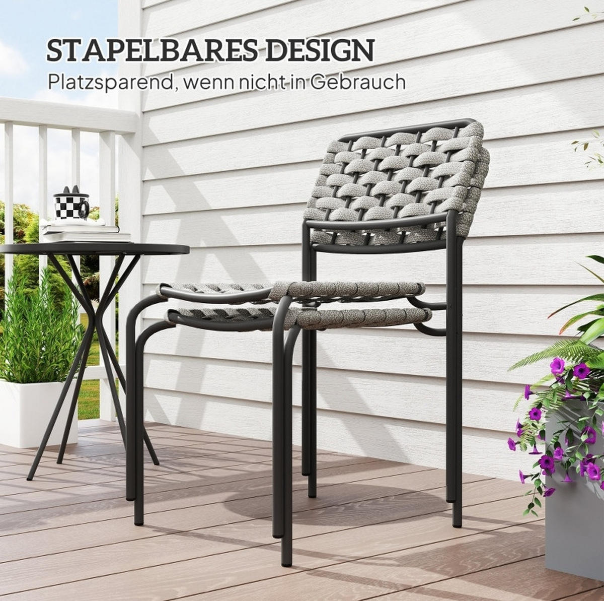 BALKONSET 3-teilig,48×48×60cm,Stapelbare Stühle mit Rattan Tisch - Grau, Metall - Modfu