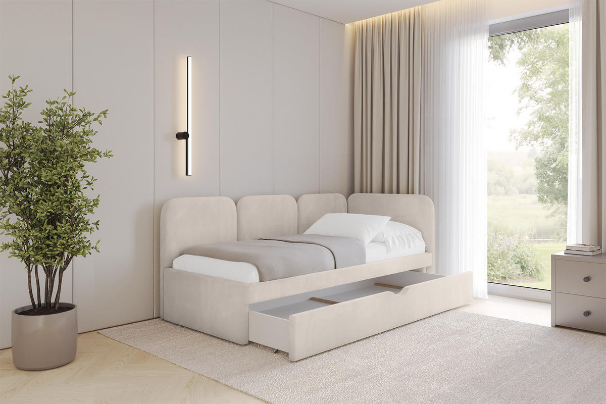 EINZELLBETT Jugendbett mit Bettkasten und Matratze H3/H4, Links - ALVY 100x200 Beige - Ecru, Holzwerkstoff/Textil (100/200cm) - ALTDECOR