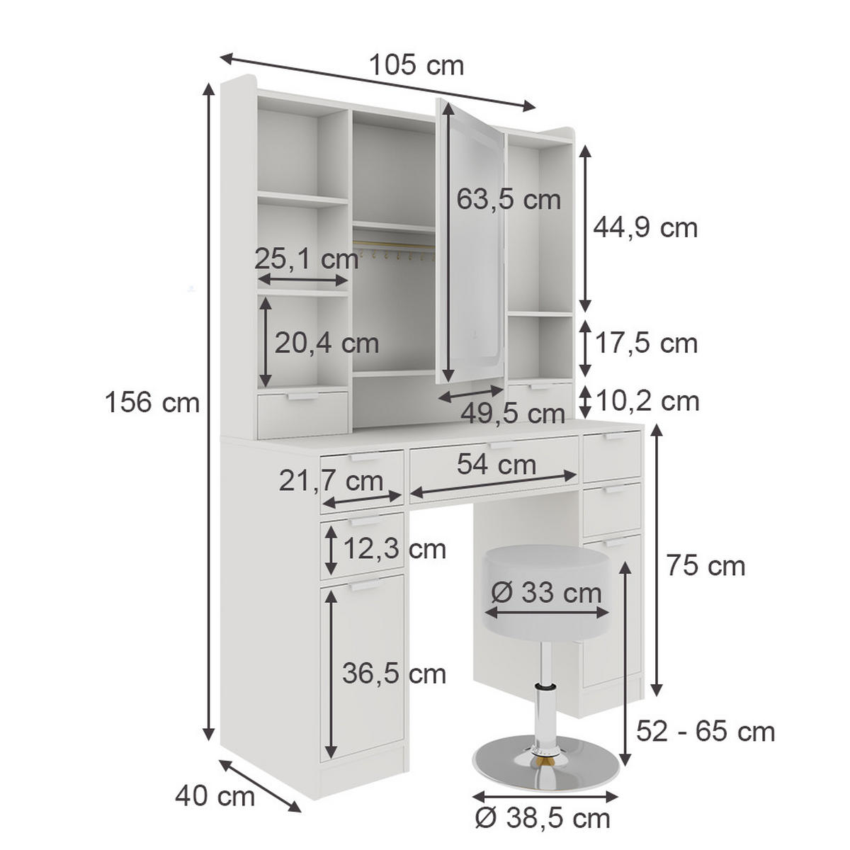 SCHMINKTISCH Solea Weiß 105 cm mit LED-Spiegel und Hocker - Weiß, Holzwerkstoff (105/156/40cm) - Vicco
